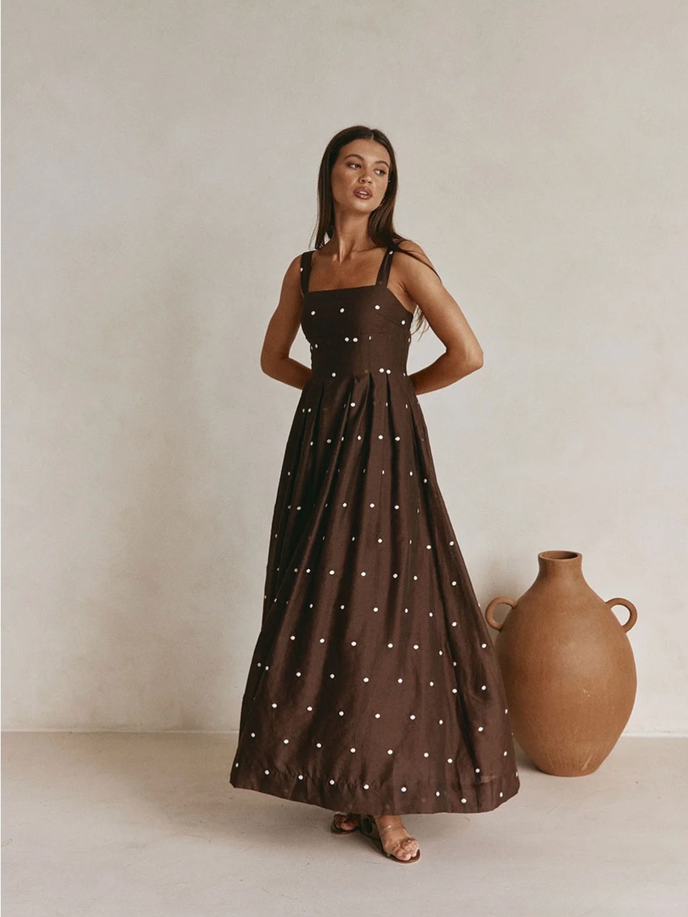 Brown Polka Dot Maxi Dress with Square Neck